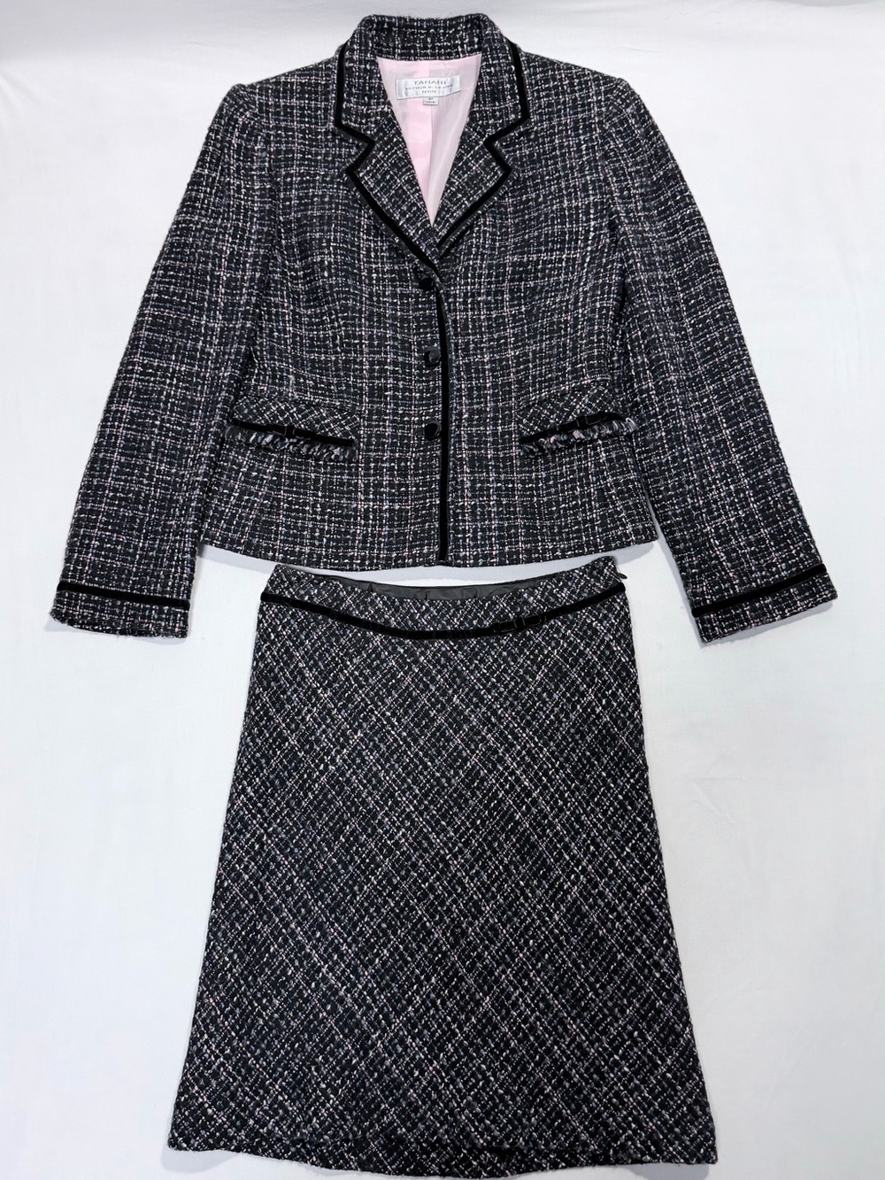 Tahari ASL Petite Black Pink Tweed Blazer Skirt Suit Set 8P/2P